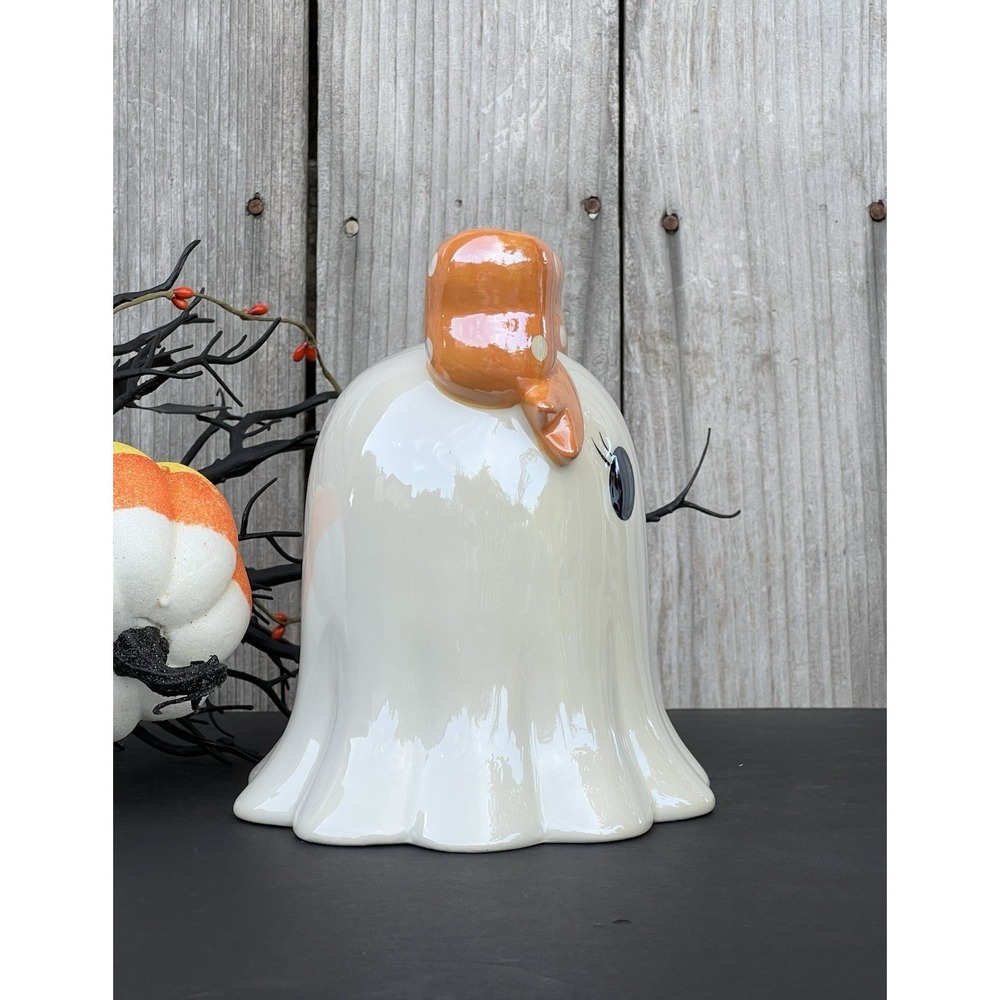 Viral Ghost With Orange & White Polka Dot Bow Halloween Figurine 7.5 X 6" NEW - Picture 2 of 7